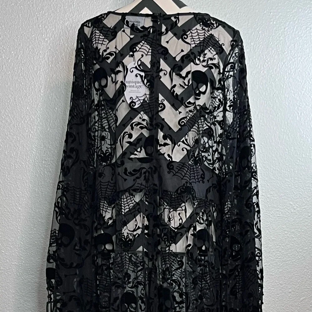 NWT Unique Vintage Sz 2X Whimsigoth Skull Bat Burnout Fringe Sheer Caftan Dress - Picture 5 of 11